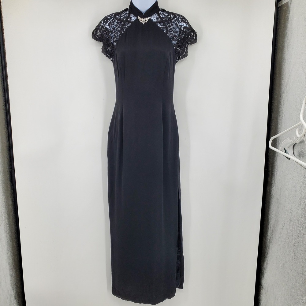 Cache Vintage Black Lace Cap Sleeve Gown Rhinestone Brooch 4‎ USA Goth Grunge